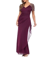 Xscape Short Beaded Sheer Flutter Sleeve Cascading Draped Waist V-Neck Beaded Gown