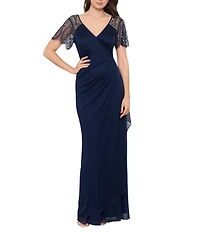 Xscape Short Beaded Sheer Flutter Sleeve Cascading Draped Waist V-Neck Beaded Gown