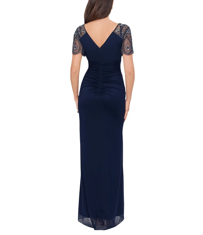 Xscape Short Beaded Sheer Flutter Sleeve Cascading Draped Waist V-Neck Beaded Gown