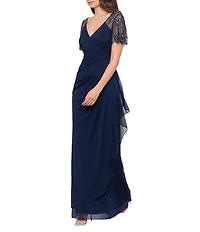 Xscape Short Beaded Sheer Flutter Sleeve Cascading Draped Waist V-Neck Beaded Gown