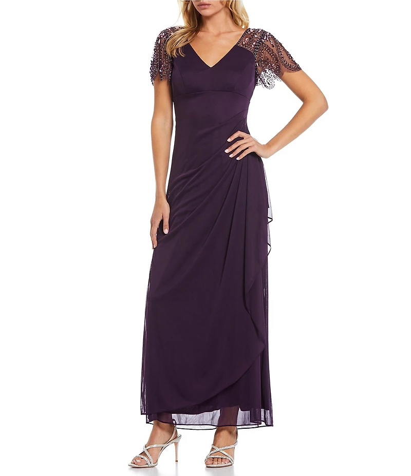 Xscape Short Beaded Sheer Flutter Sleeve Cascading Draped Waist V-Neck Beaded Gown