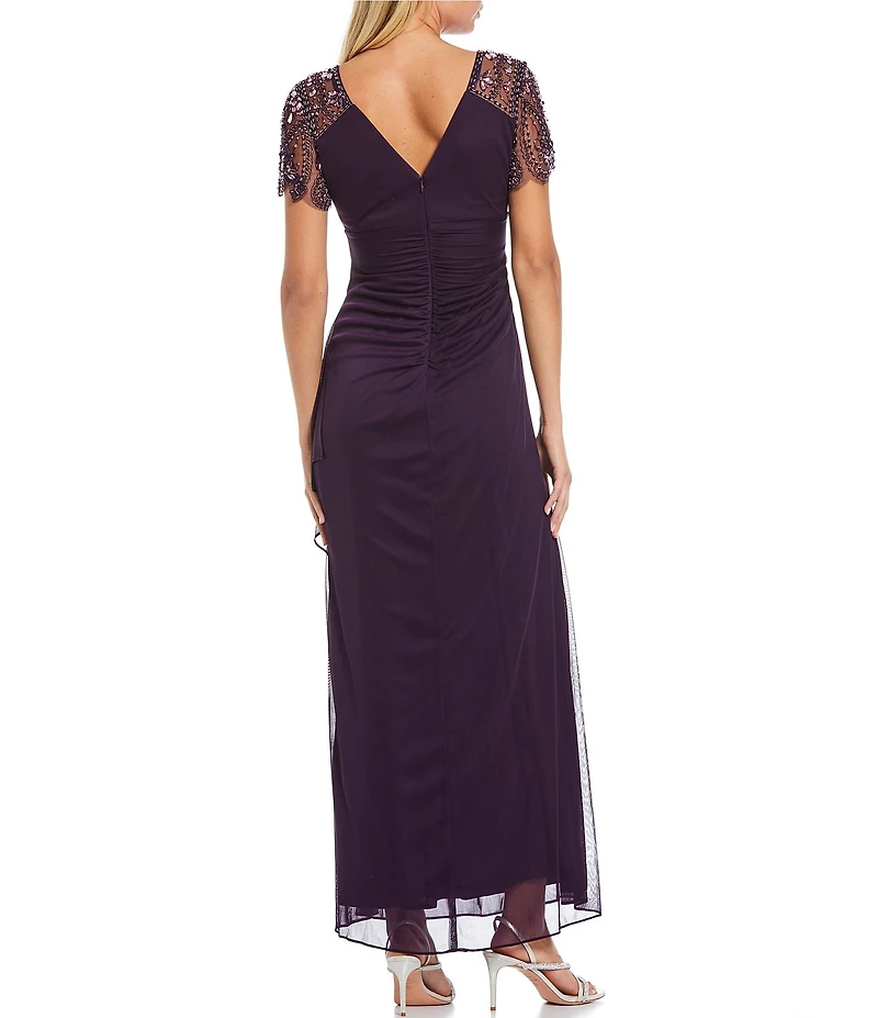 Xscape Short Beaded Sheer Flutter Sleeve Cascading Draped Waist V-Neck Beaded Gown