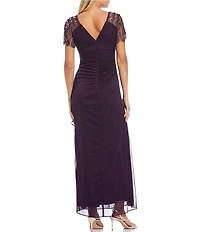 Xscape Short Beaded Sheer Flutter Sleeve Cascading Draped Waist V-Neck Beaded Gown