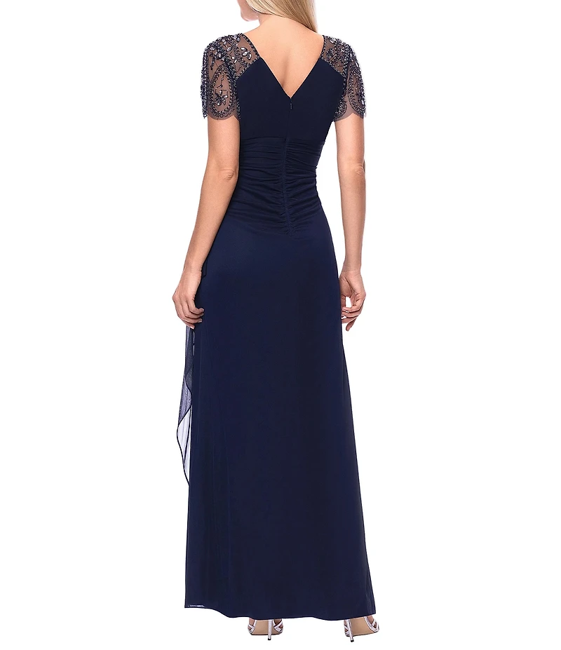 Xscape Short Beaded Sheer Flutter Sleeve Cascading Draped Waist V-Neck Beaded Gown