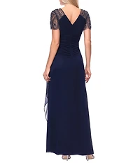 Xscape Short Beaded Sheer Flutter Sleeve Cascading Draped Waist V-Neck Beaded Gown