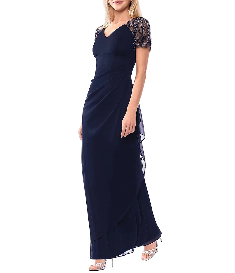 Xscape Short Beaded Sheer Flutter Sleeve Cascading Draped Waist V-Neck Beaded Gown