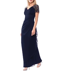 Xscape Short Beaded Sheer Flutter Sleeve Cascading Draped Waist V-Neck Beaded Gown