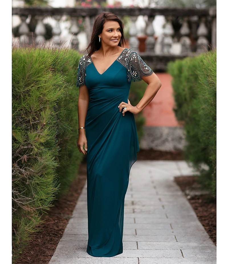 Xscape Short Beaded Sheer Flutter Sleeve Cascading Draped Waist V-Neck Beaded Gown