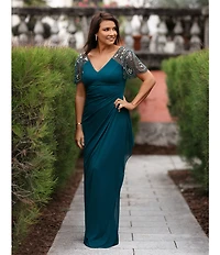 Xscape Short Beaded Sheer Flutter Sleeve Cascading Draped Waist V-Neck Beaded Gown