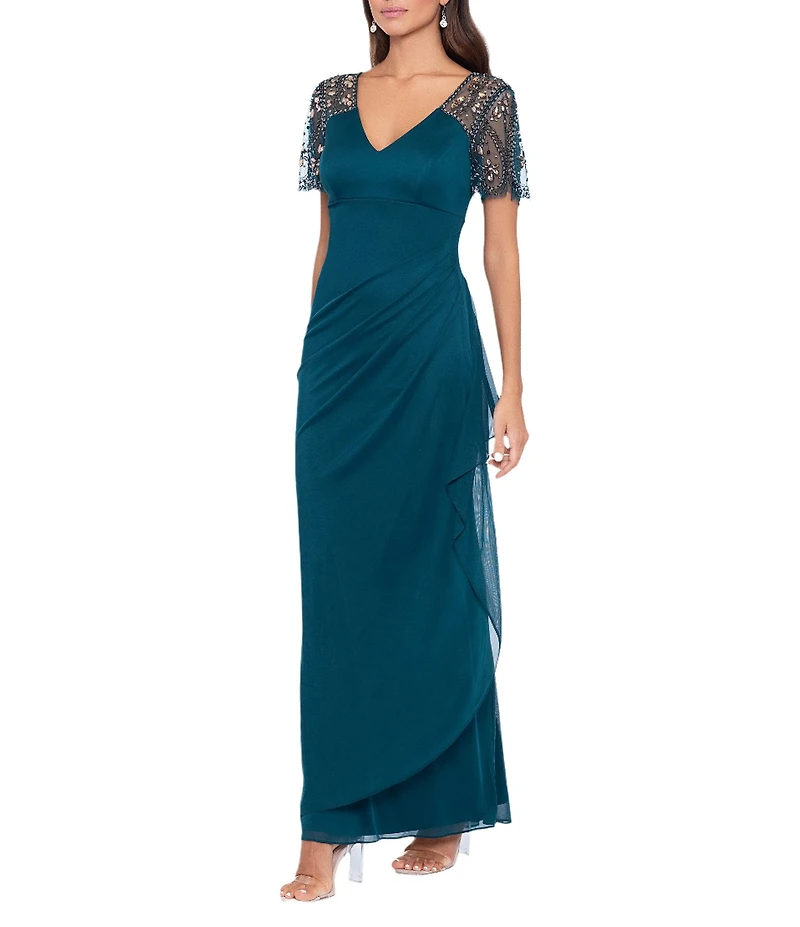 Xscape Short Beaded Sheer Flutter Sleeve Cascading Draped Waist V-Neck Beaded Gown