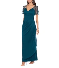Xscape Short Beaded Sheer Flutter Sleeve Cascading Draped Waist V-Neck Beaded Gown