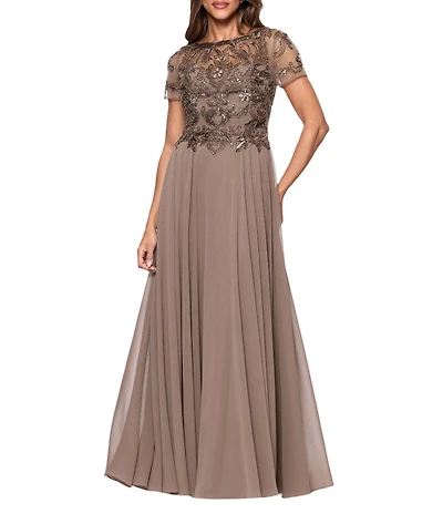 Xscape Short Sleeve Mesh Embellished Gown