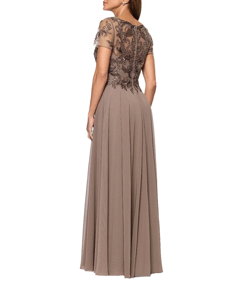 Xscape Short Sleeve Mesh Embellished Gown