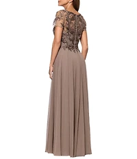 Xscape Short Sleeve Mesh Embellished Gown