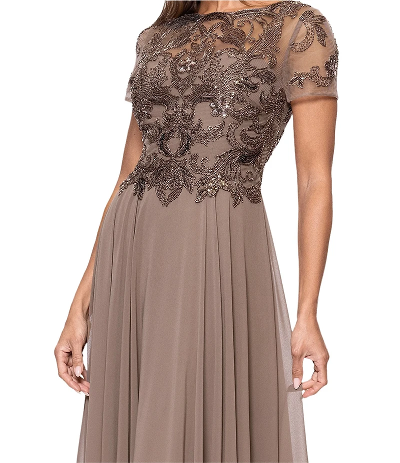 Xscape Short Sleeve Mesh Embellished Gown