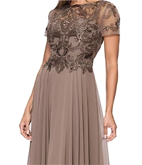 Xscape Short Sleeve Mesh Embellished Gown