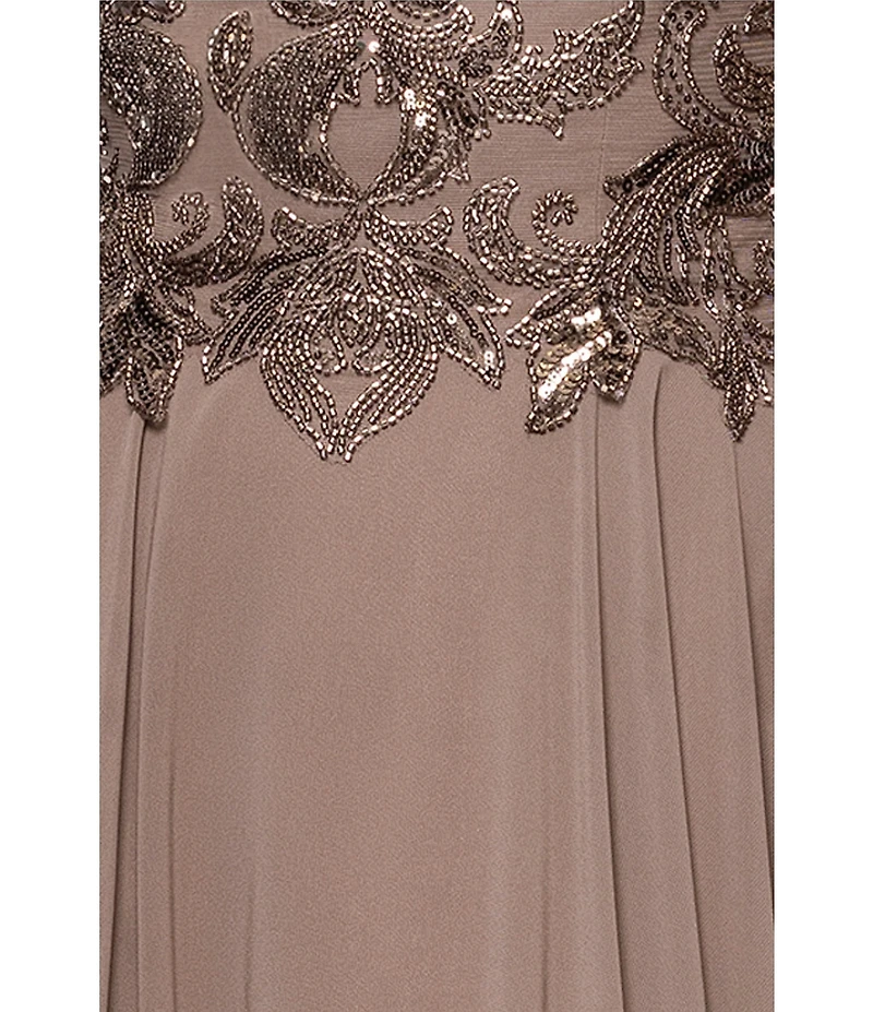 Xscape Short Sleeve Mesh Embellished Gown