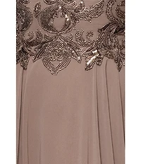 Xscape Short Sleeve Mesh Embellished Gown
