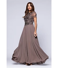 Xscape Short Sleeve Mesh Embellished Gown
