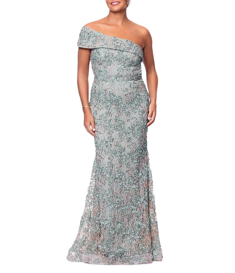 Xscape Soutache Lace Floral Print One-Shoulder Neck Sleeveless Sheath Gown