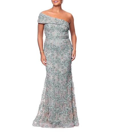 Xscape Soutache Lace Floral Print One-Shoulder Neck Sleeveless Sheath Gown