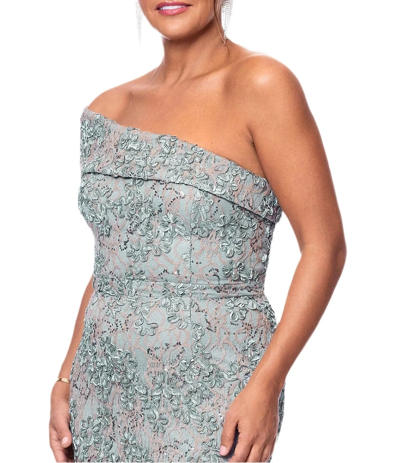 Xscape Soutache Lace Floral Print One-Shoulder Neck Sleeveless Sheath Gown