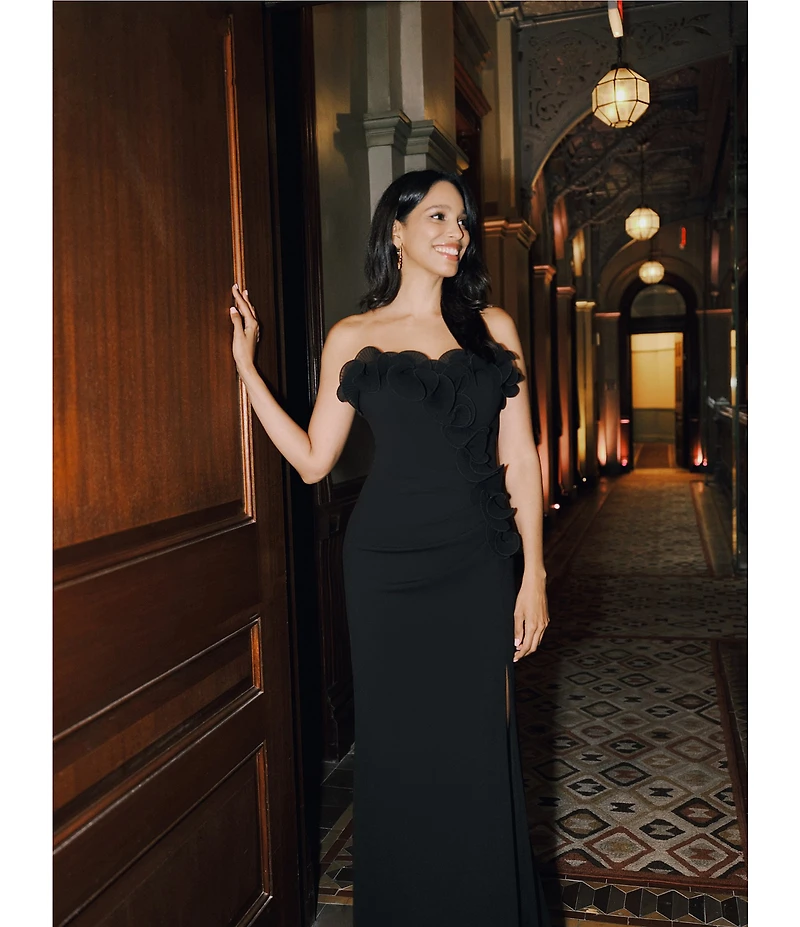Xscape Strapless Flower Ruffle Sleeveless Gown