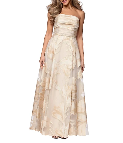Xscape Strapless Jacquard Burnout A-Line Floral Gown
