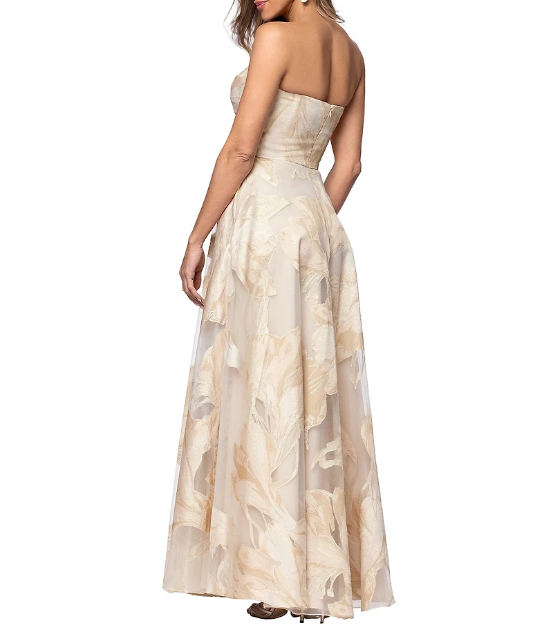 Xscape Strapless Jacquard Burnout A-Line Floral Gown