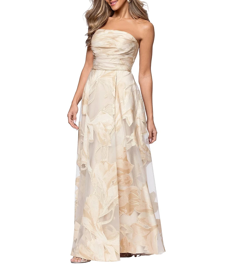 Xscape Strapless Jacquard Burnout A-Line Floral Gown