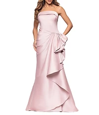 Xscape Strapless Ruched Waist Ruffle Front Stretch Mikado A-Line Gown