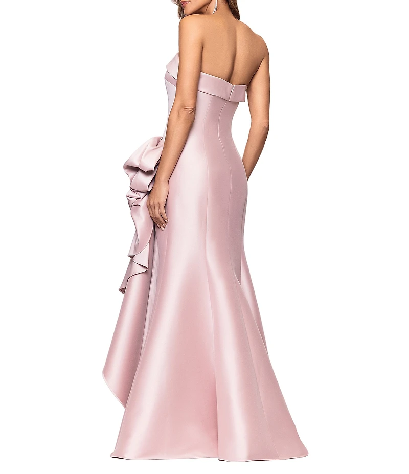 Xscape Strapless Ruched Waist Ruffle Front Stretch Mikado A-Line Gown