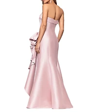 Xscape Strapless Ruched Waist Ruffle Front Stretch Mikado A-Line Gown