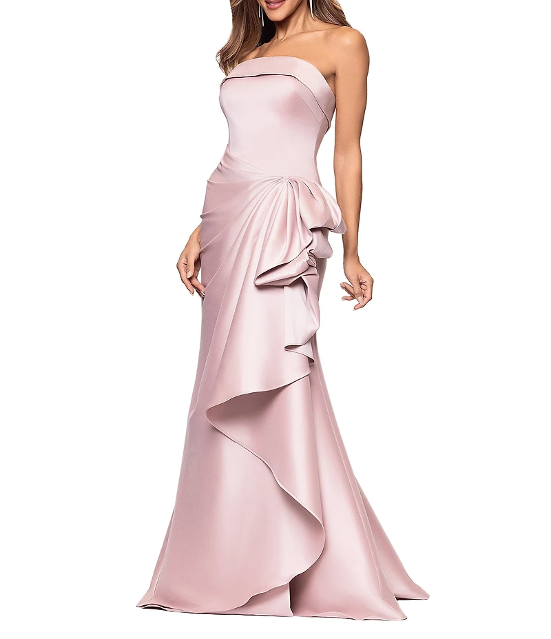 Xscape Strapless Ruched Waist Ruffle Front Stretch Mikado A-Line Gown
