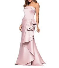 Xscape Strapless Ruched Waist Ruffle Front Stretch Mikado A-Line Gown