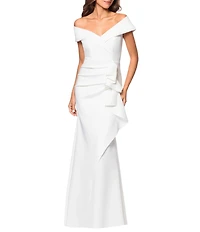 Xscape Stretch Off-the-Shoulder Short Sleeve Mermaid Ruffle Gown