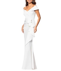 Xscape Stretch Off-the-Shoulder Short Sleeve Mermaid Ruffle Gown