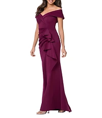 Xscape Stretch Off-the-Shoulder Short Sleeve Mermaid Ruffle Gown