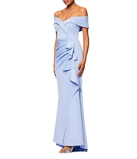 Xscape Stretch Off-the-Shoulder Short Sleeve Mermaid Gown with Ruffle