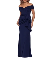 Xscape Stretch Off-the-Shoulder Short Sleeve Mermaid Ruffle Gown