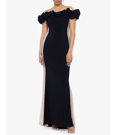 Xscape Stretch Ruffled Off-the-Shoulder Rhinestone Mesh Side Gown