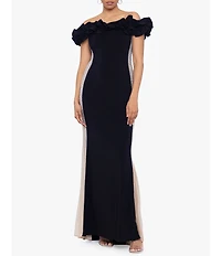 Xscape Stretch Ruffled Off-the-Shoulder Rhinestone Mesh Side Gown