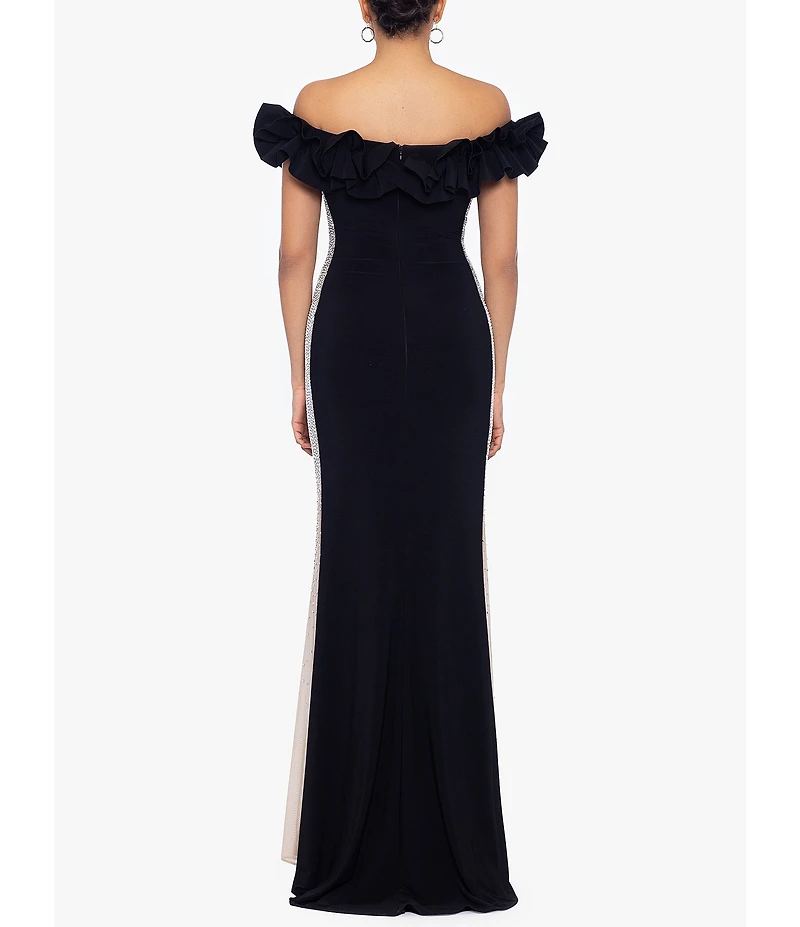 Xscape Stretch Ruffled Off-the-Shoulder Rhinestone Mesh Side Gown