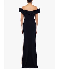 Xscape Stretch Ruffled Off-the-Shoulder Rhinestone Mesh Side Gown