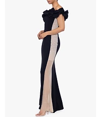 Xscape Stretch Ruffled Off-the-Shoulder Rhinestone Mesh Side Gown