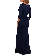 Xscape Stretch V-Neck 3/4 Sleeve Pleated Draped Gown