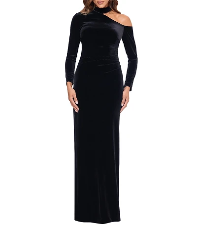 Xscape Stretch Velvet Asymmetrical Mock Neck Long Sleeve Gown