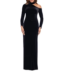 Xscape Stretch Velvet Asymmetrical Mock Neck Long Sleeve Gown