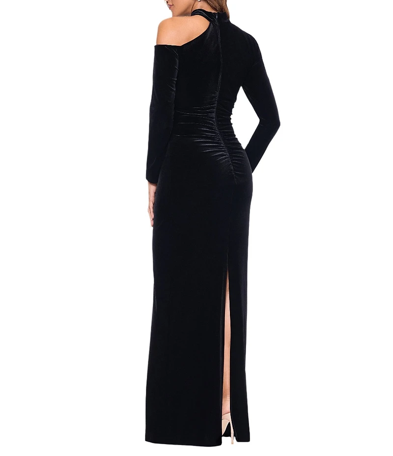 Xscape Stretch Velvet Asymmetrical Mock Neck Long Sleeve Gown