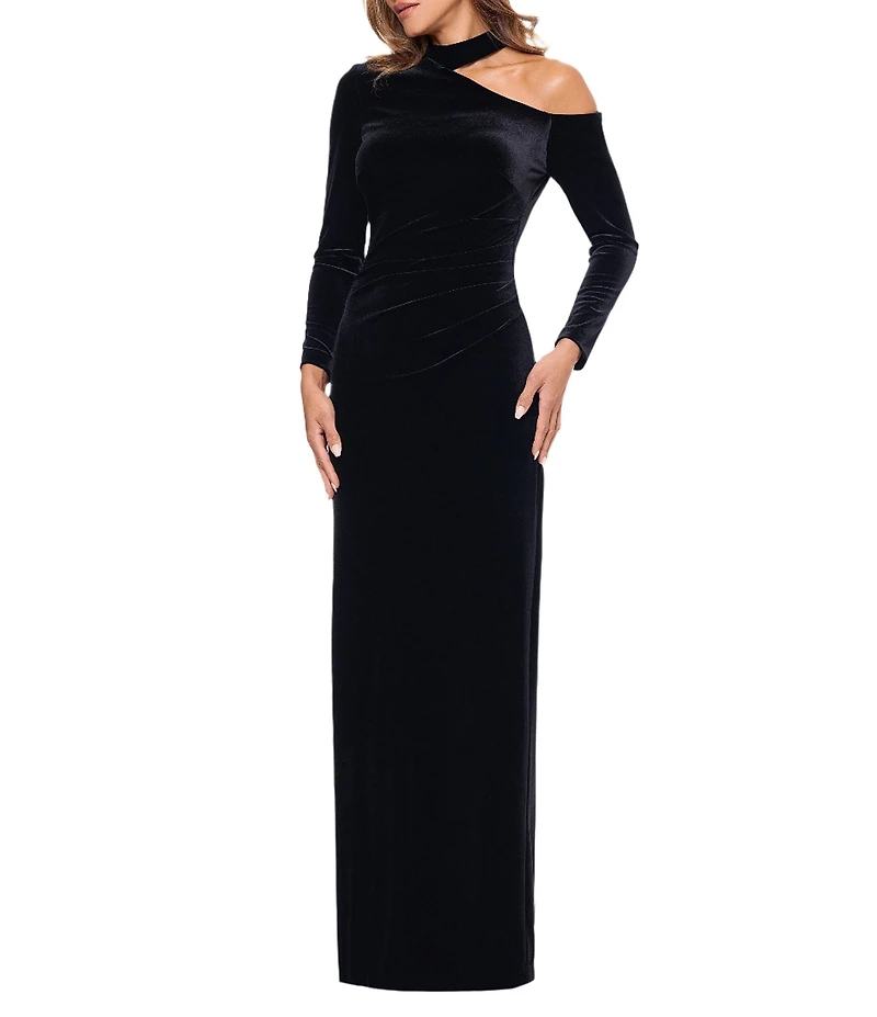 Xscape Stretch Velvet Asymmetrical Mock Neck Long Sleeve Gown